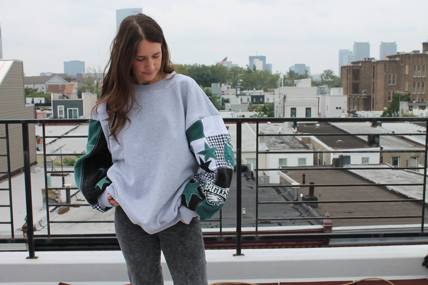 Eagles Midnight Green Gingham & Stars Patchwork Sleeve Crew Neck