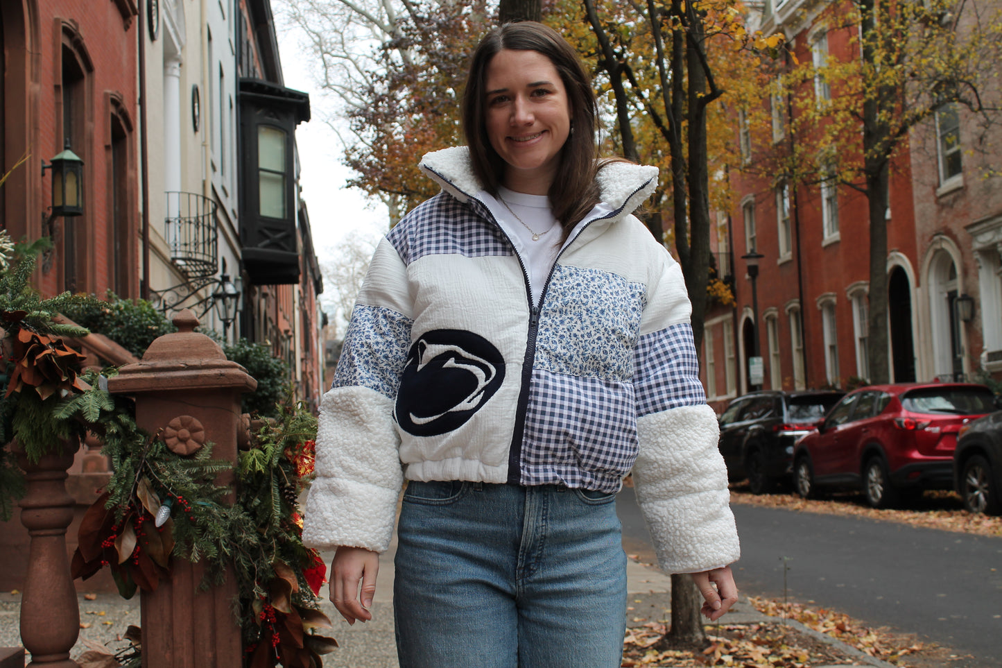 Bespoke Penn State Sherpa Patchwork Handcrafted Puffer Jacket