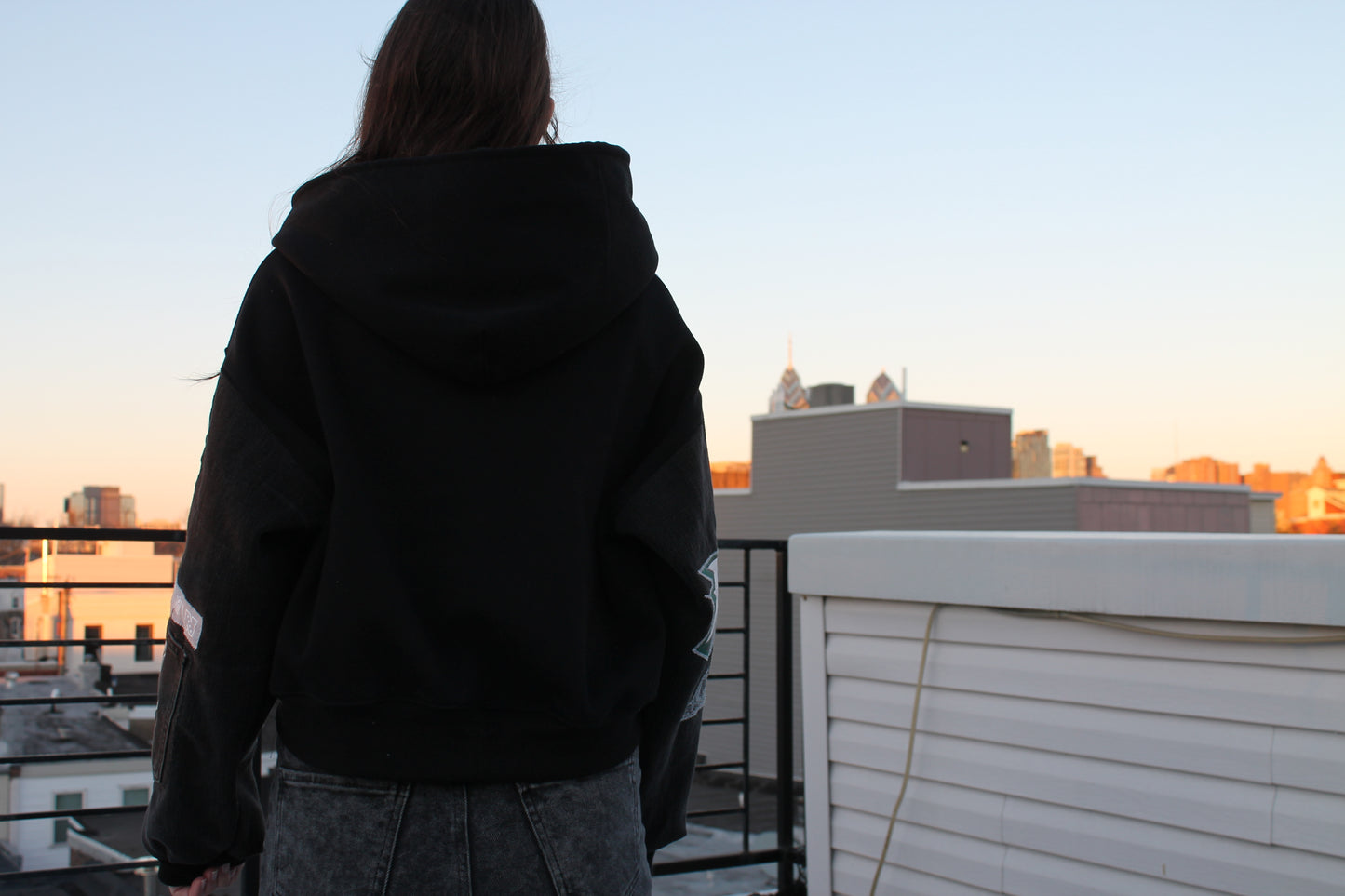 Handcrafted Denim & Jersey Cropped Hoodie