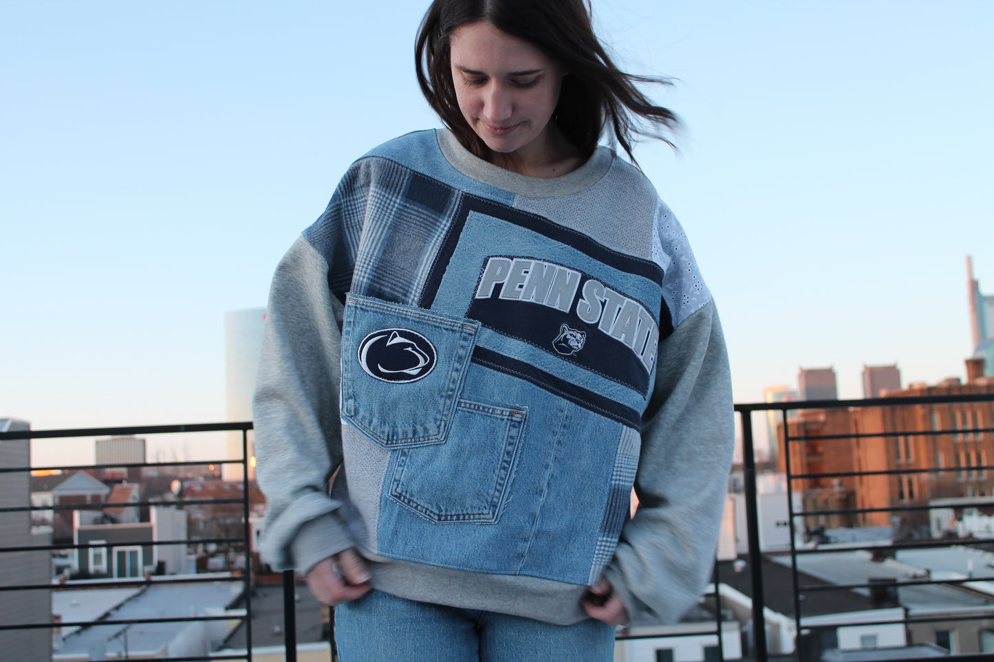 Penn State Flannel x Denim Front Patchwork Sweatshirt
