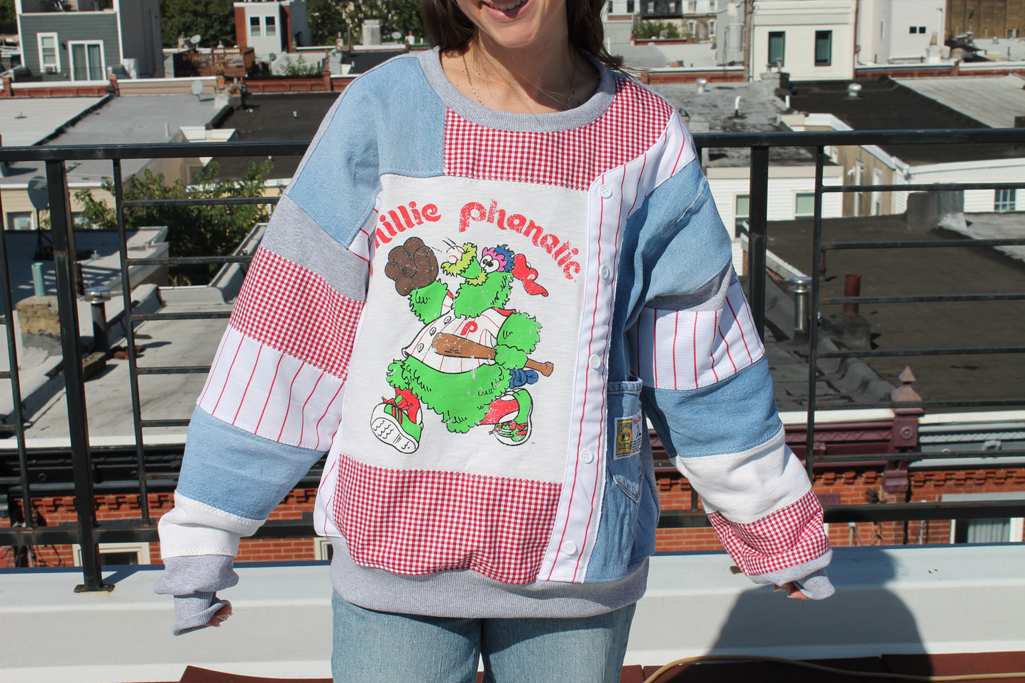 Phillies Phanatic Jersey + Denim Patchwork Crew Neck