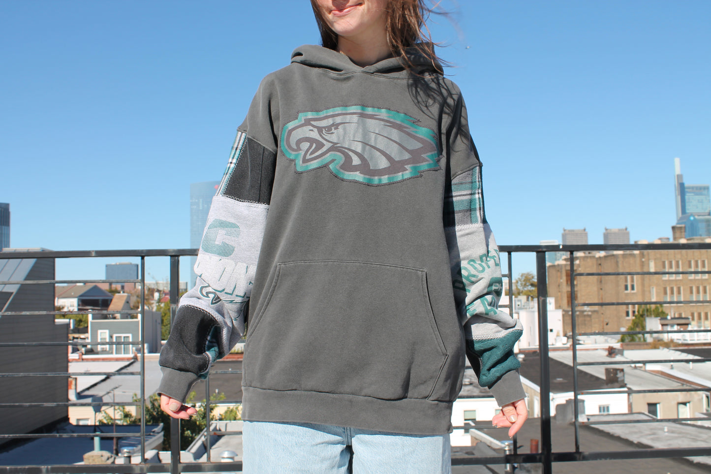 Eagles Plaid & Denim Patchwork Hoodie