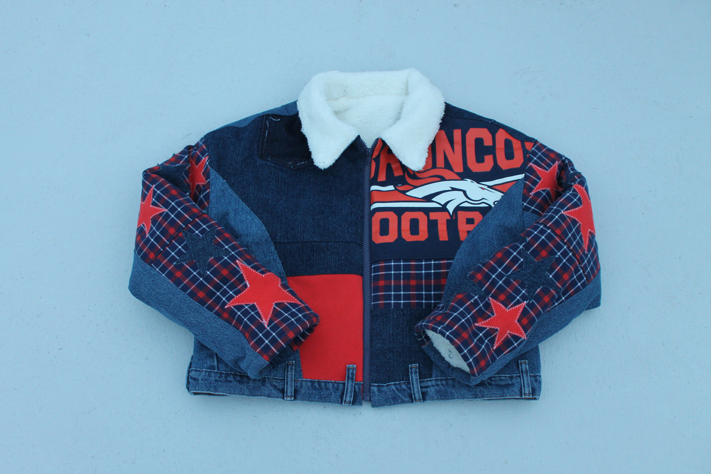 Broncos Sherpa Lined Patchwork Denim Jacket