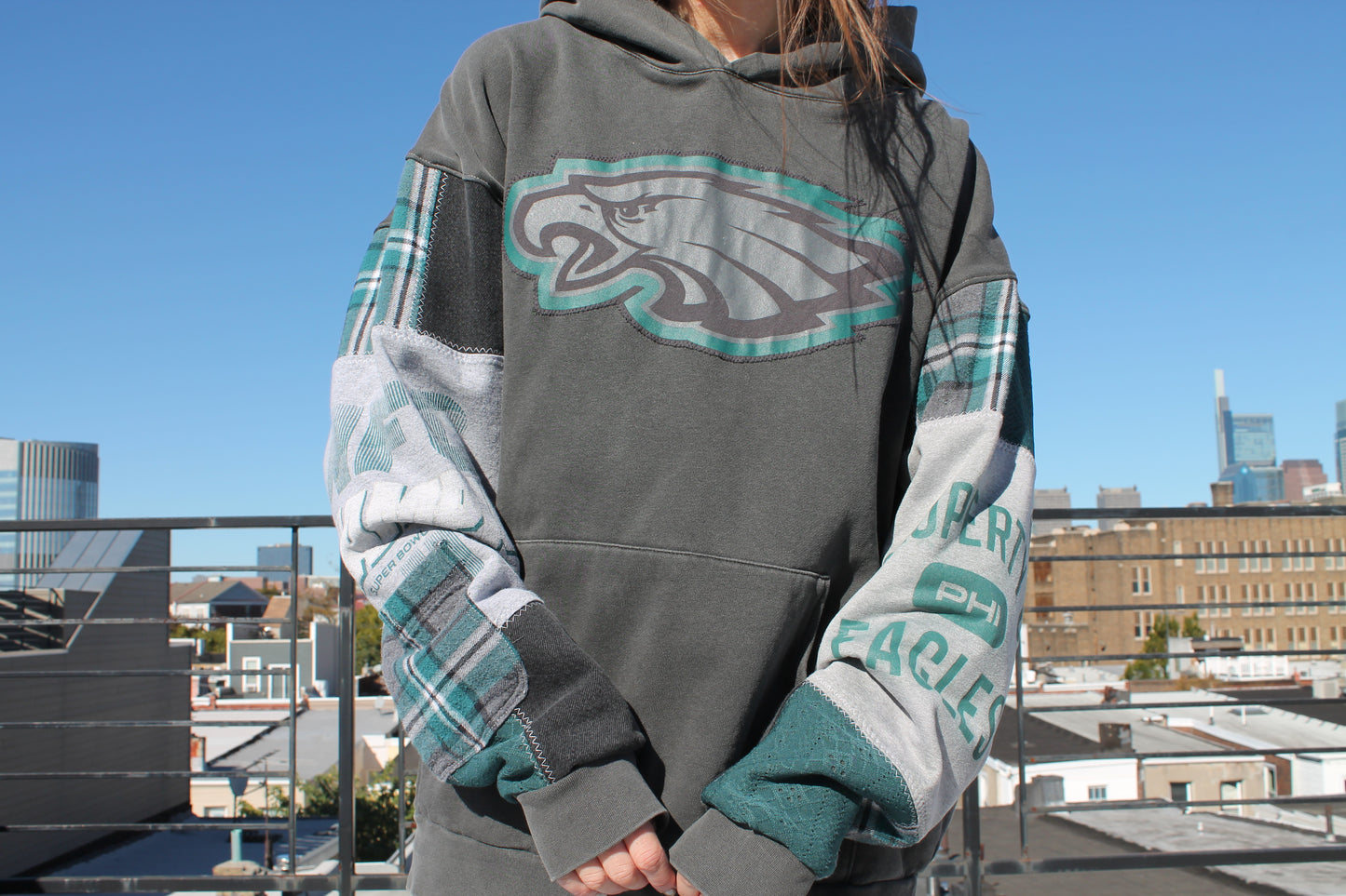 Eagles Plaid & Denim Patchwork Hoodie