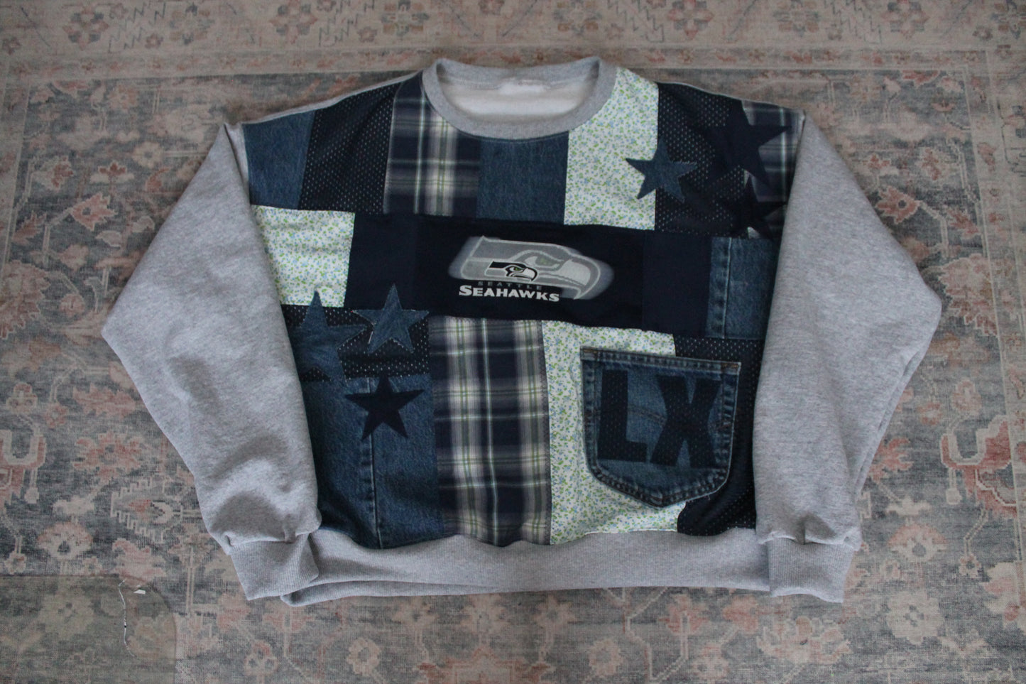 Seahawks Super Bowl Floral x Plaid Patchwork Crew Neck