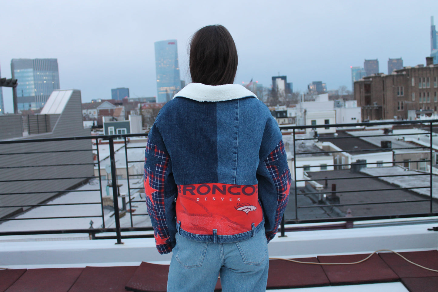 Broncos Sherpa Lined Patchwork Denim Jacket