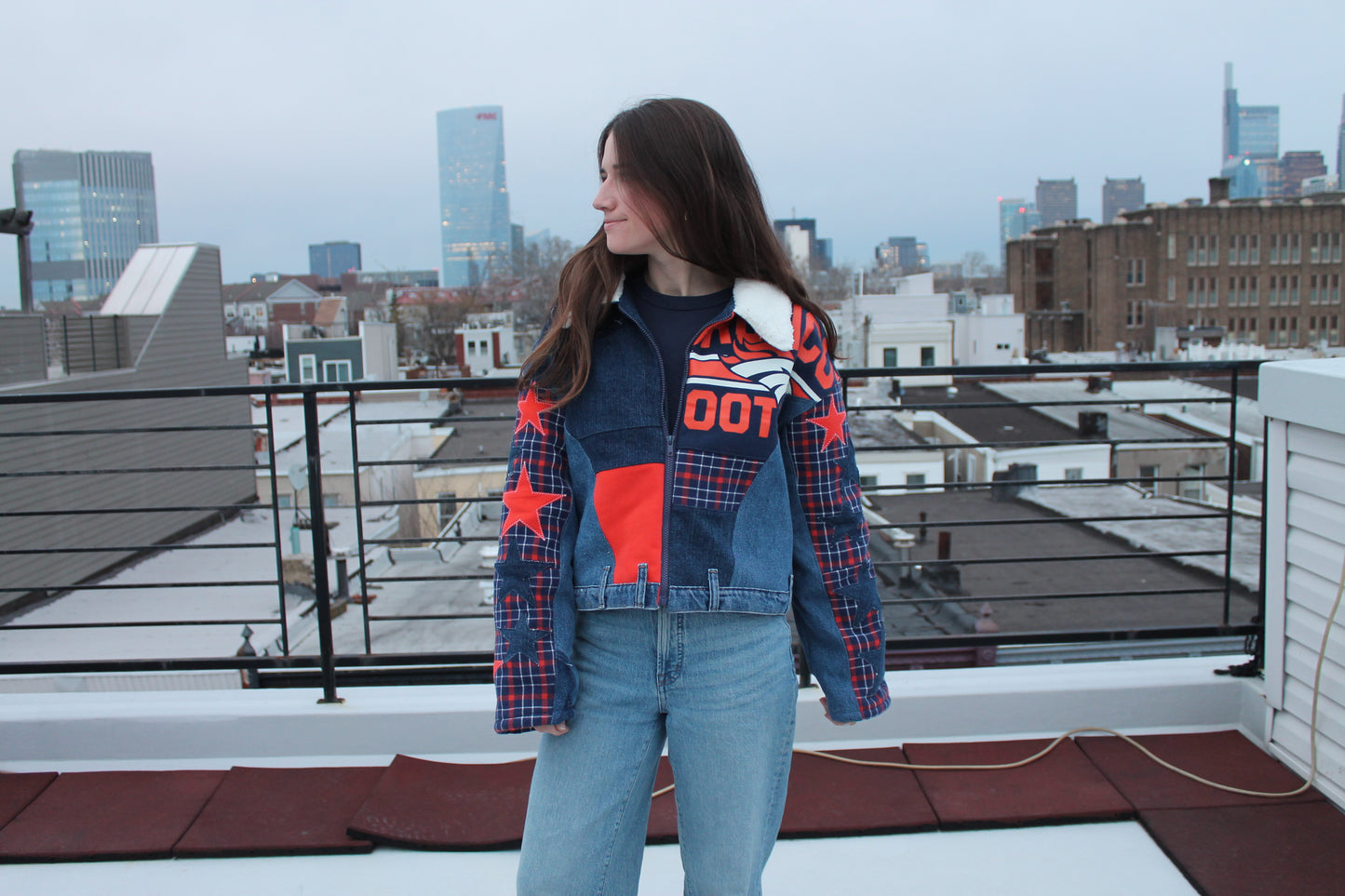 Broncos Sherpa Lined Patchwork Denim Jacket