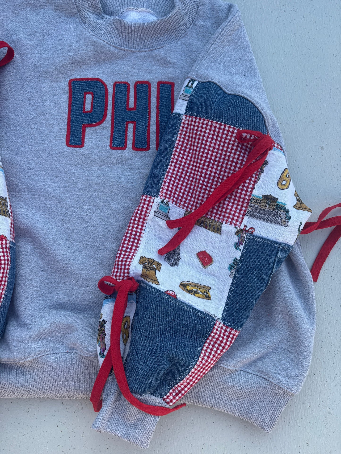 Gingham + Philly Icons Patchwork Bow Crew Neck