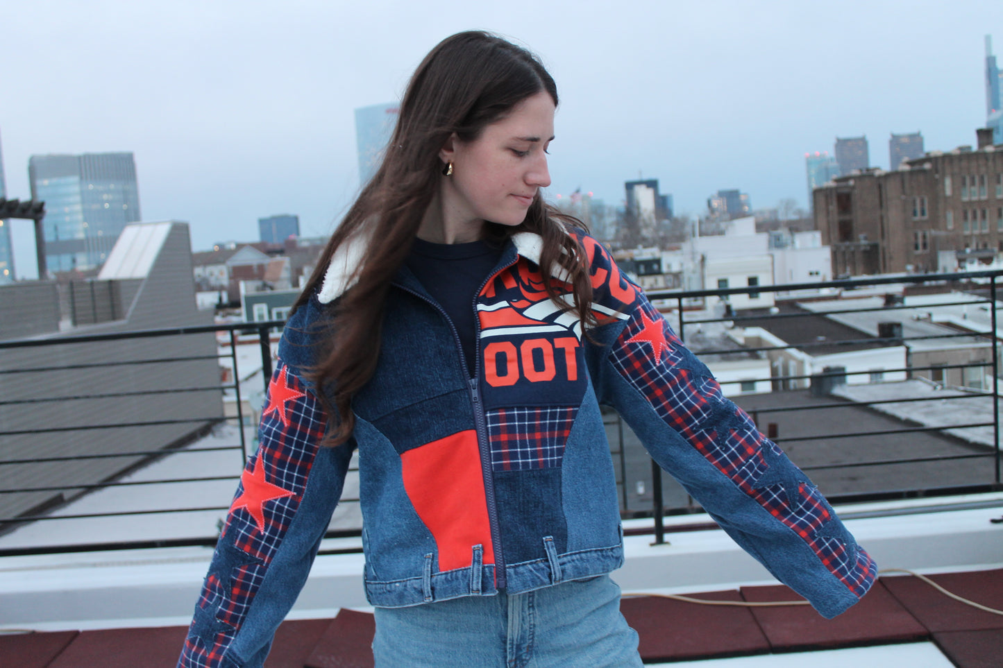Broncos Sherpa Lined Patchwork Denim Jacket
