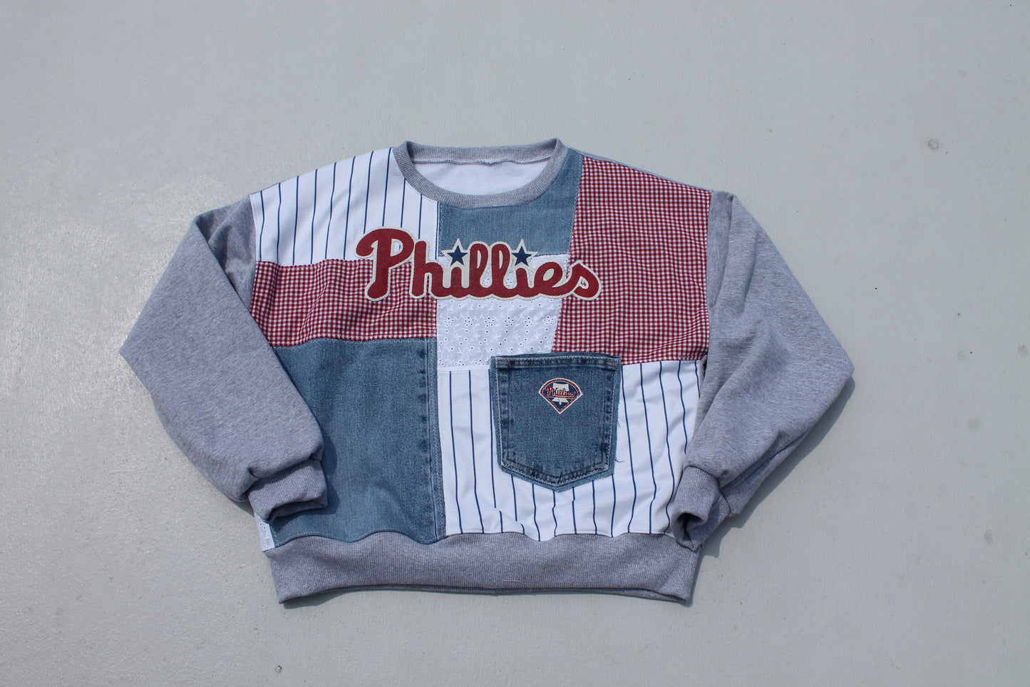 Phillies Jersey & Denim Patchwork Crew Neck