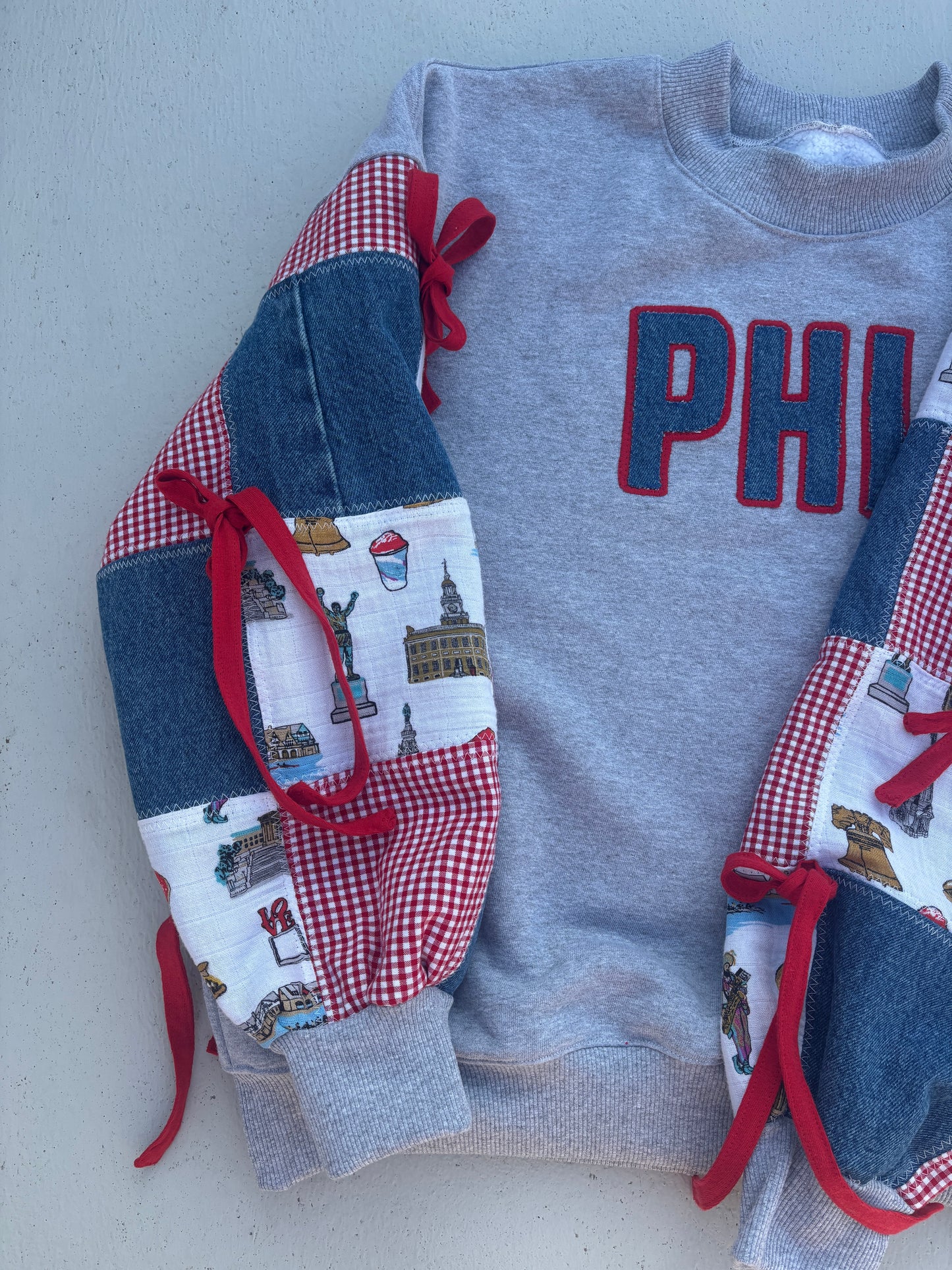 Gingham + Philly Icons Patchwork Bow Crew Neck