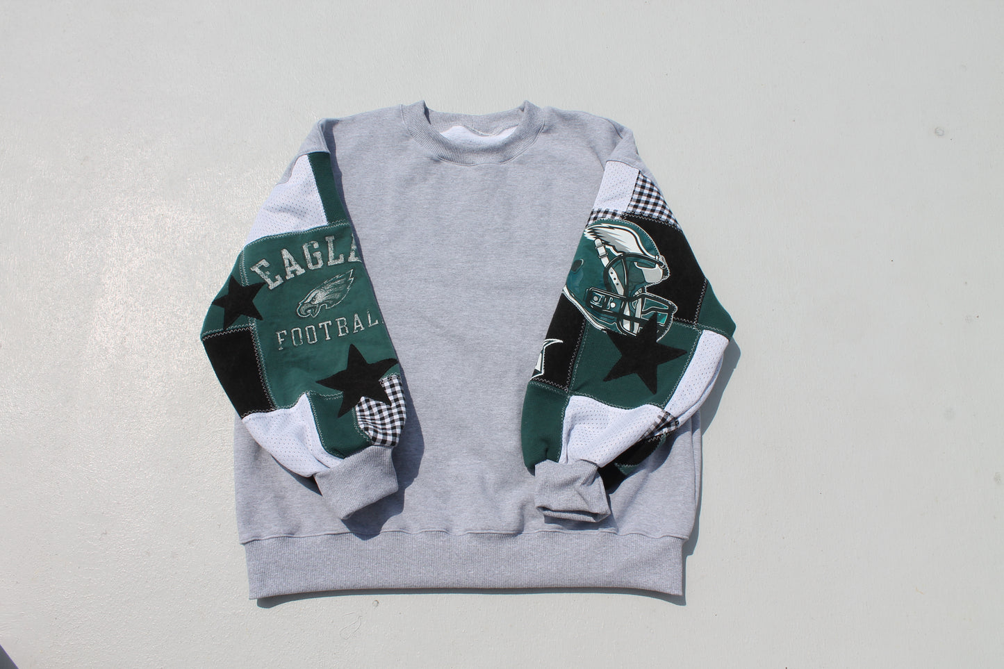 Eagles Midnight Green Gingham & Stars Patchwork Sleeve Crew Neck