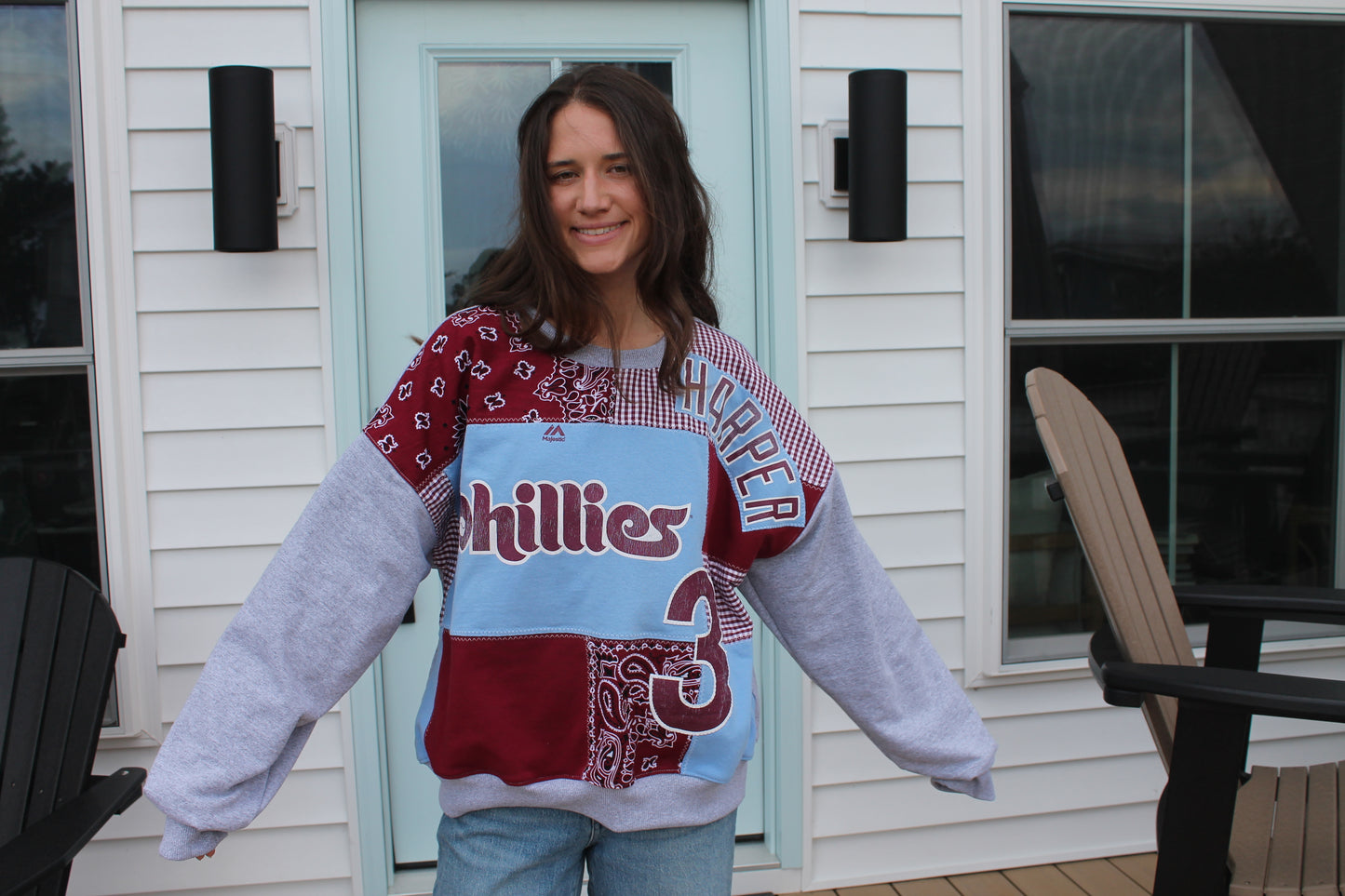 Phillies Powder Blue & Maroon Harper Patchwork Crew Neck