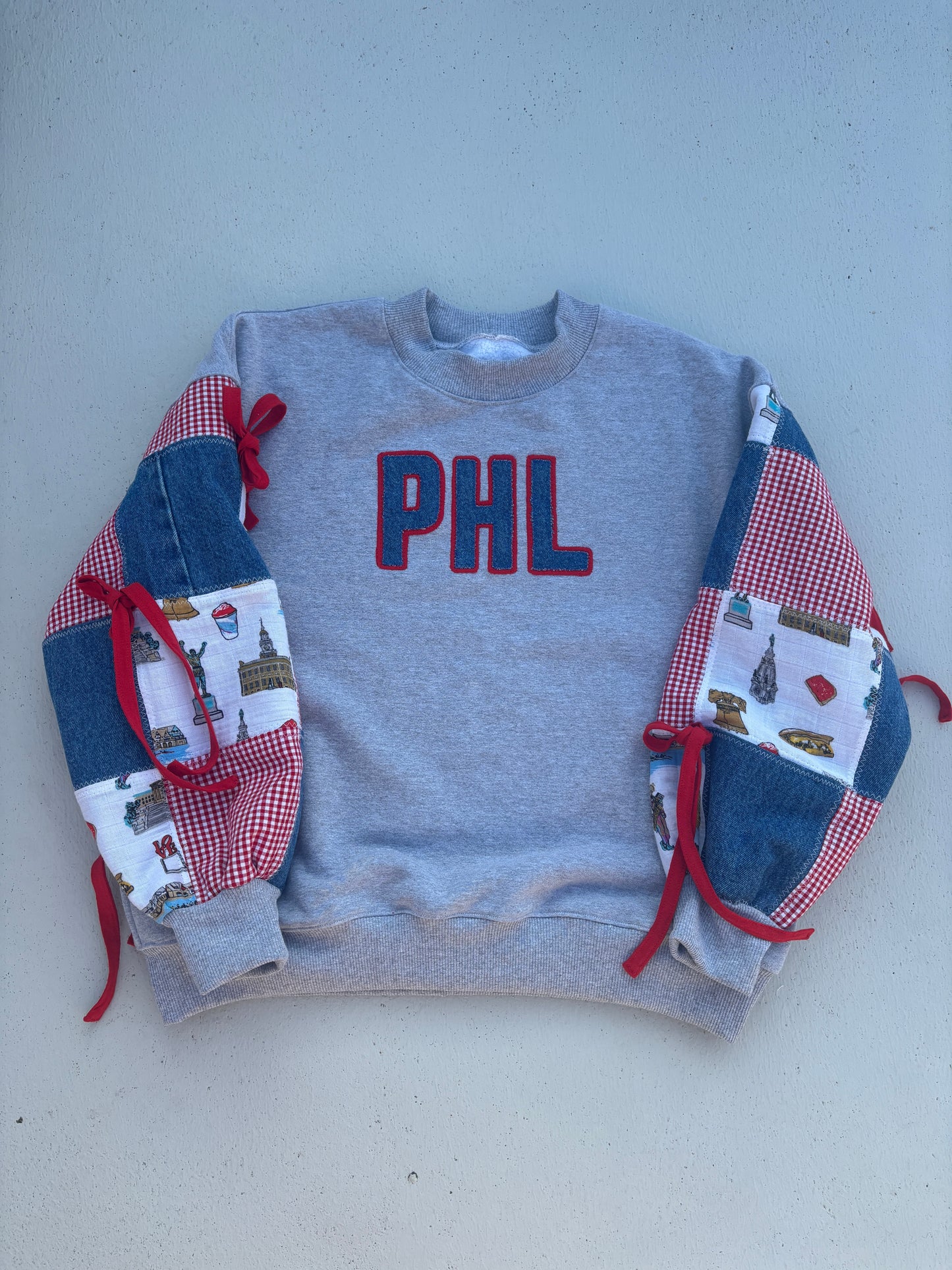 Gingham + Philly Icons Patchwork Bow Crew Neck