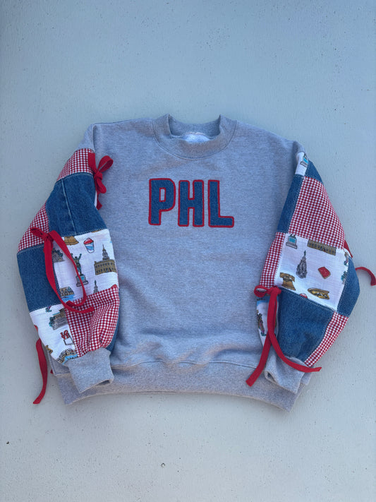 Gingham + Philly Icons Patchwork Bow Crew Neck