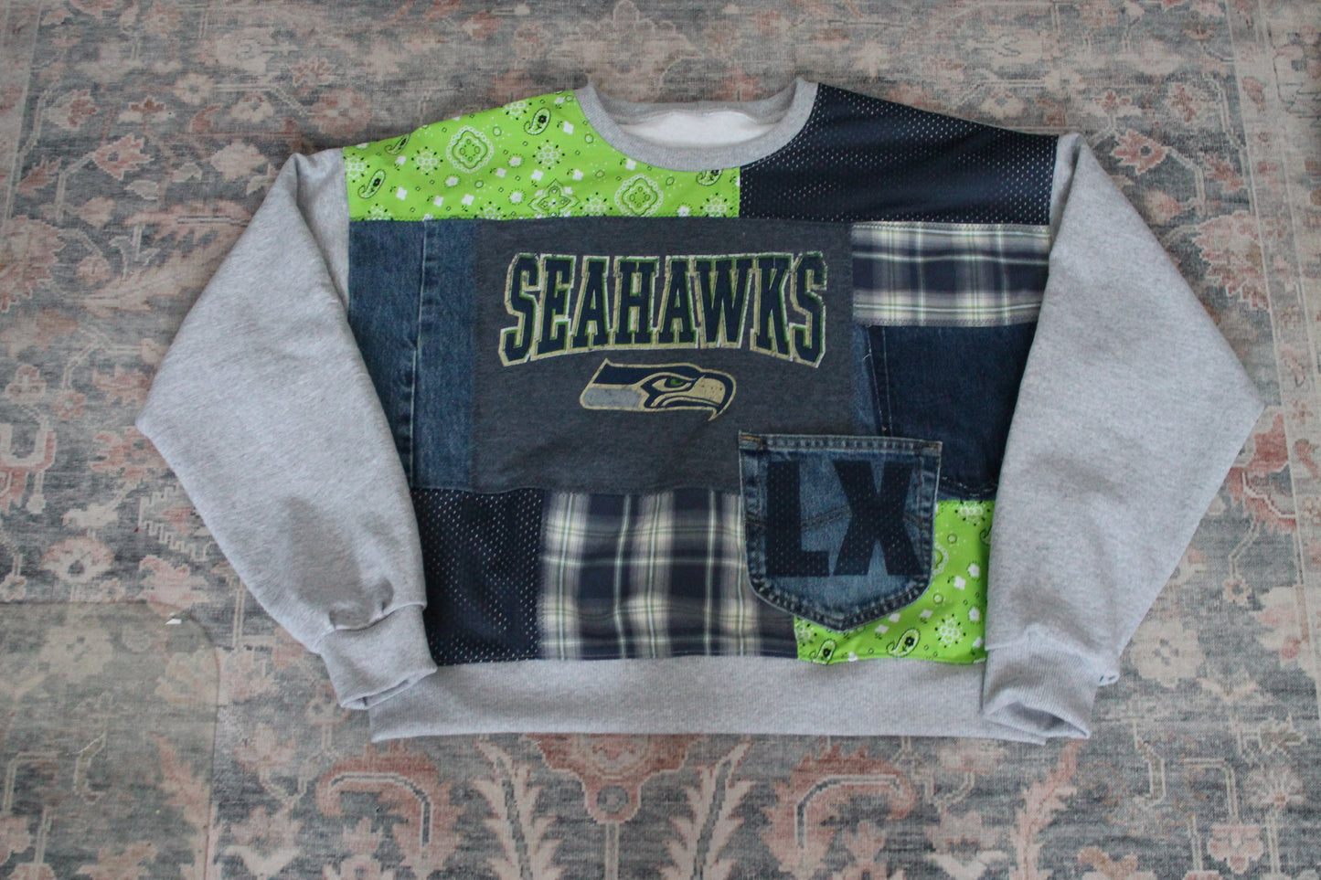 Seahawks Super Bowl Bandana x Plaid Patchwork Crew Neck