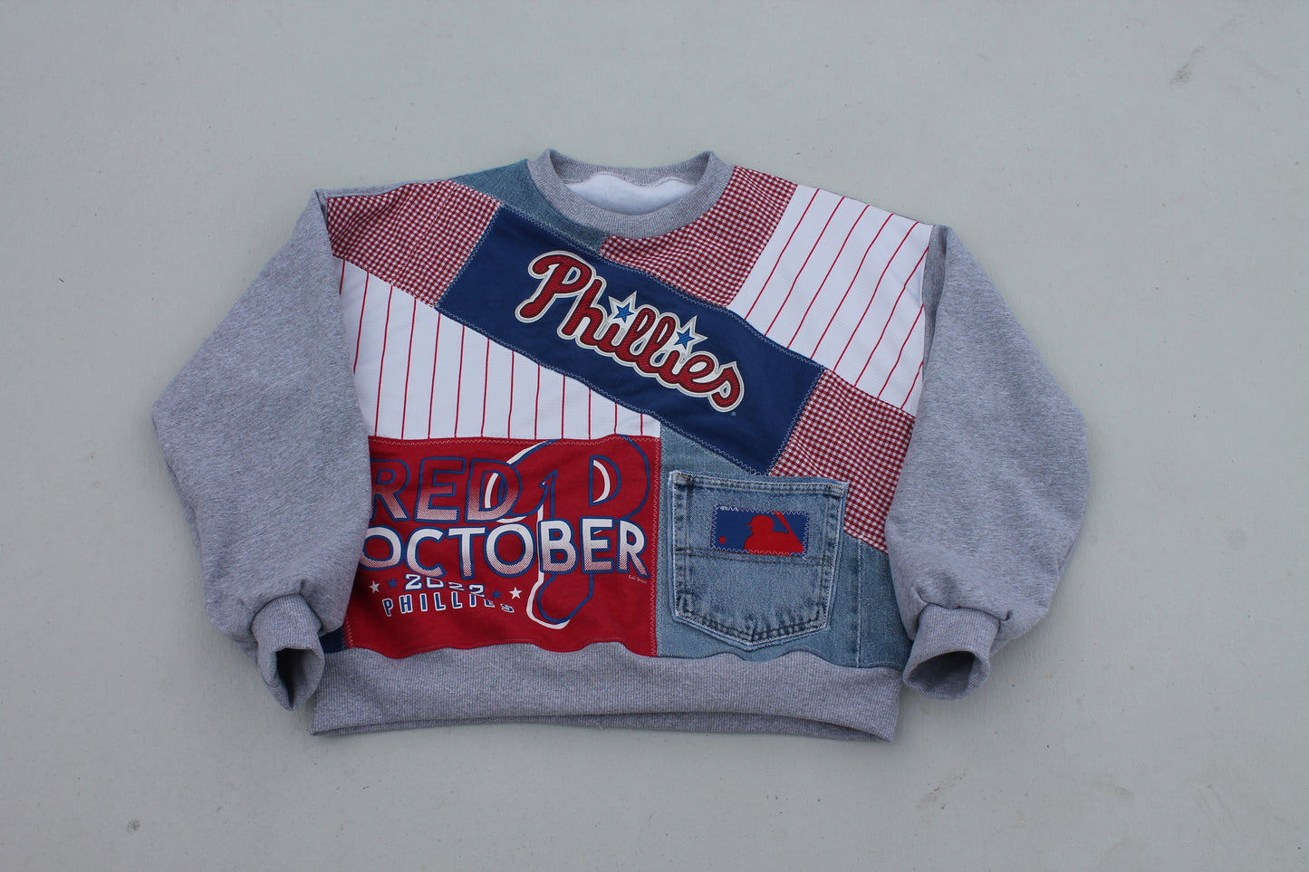 Phillies Pinstripes & Gingham Patchwork Crew Neck