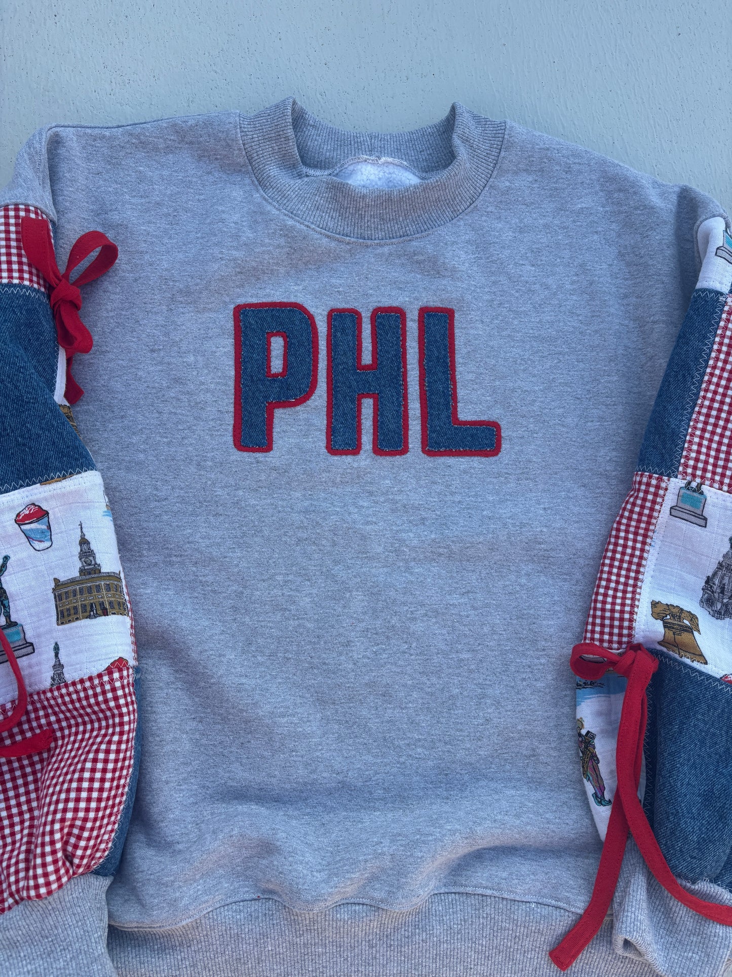 Gingham + Philly Icons Patchwork Bow Crew Neck