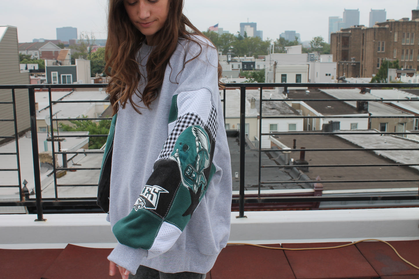 Eagles Midnight Green Gingham & Stars Patchwork Sleeve Crew Neck