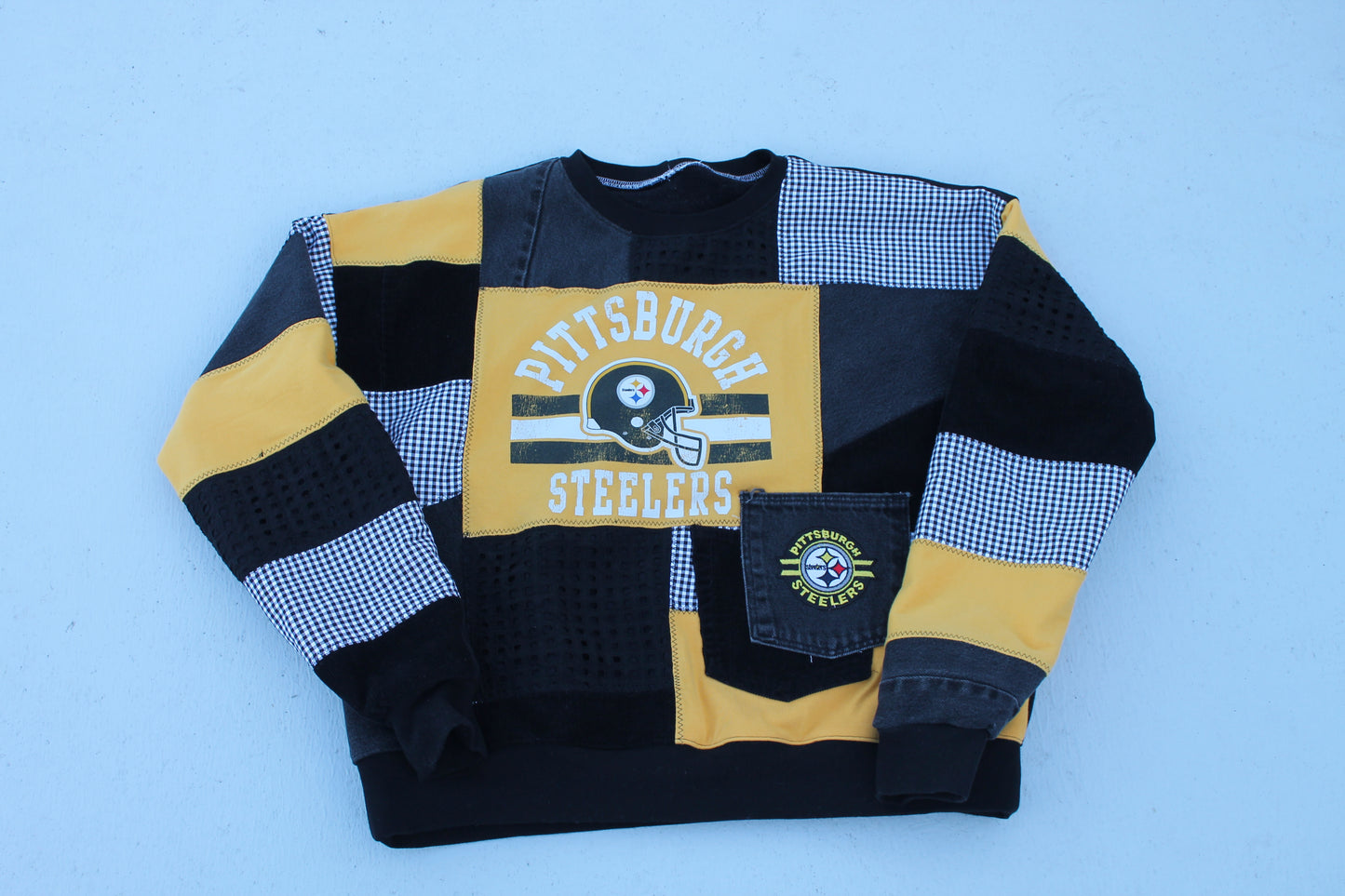 Pittsburgh Steelers Gingham & Denim Patchwork Crew Neck (Ready to wear/ 1 of 1)
