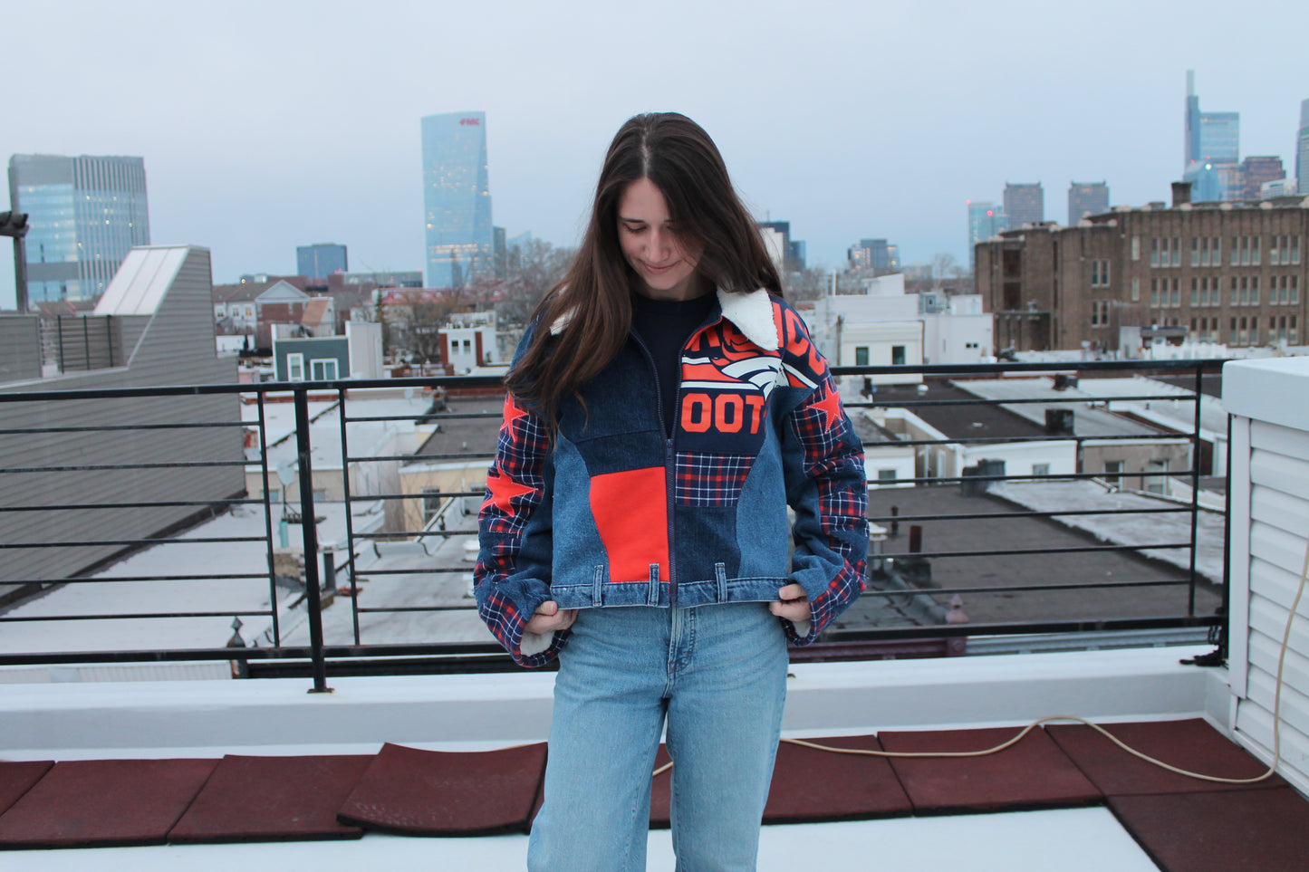 Broncos Sherpa Lined Patchwork Denim Jacket