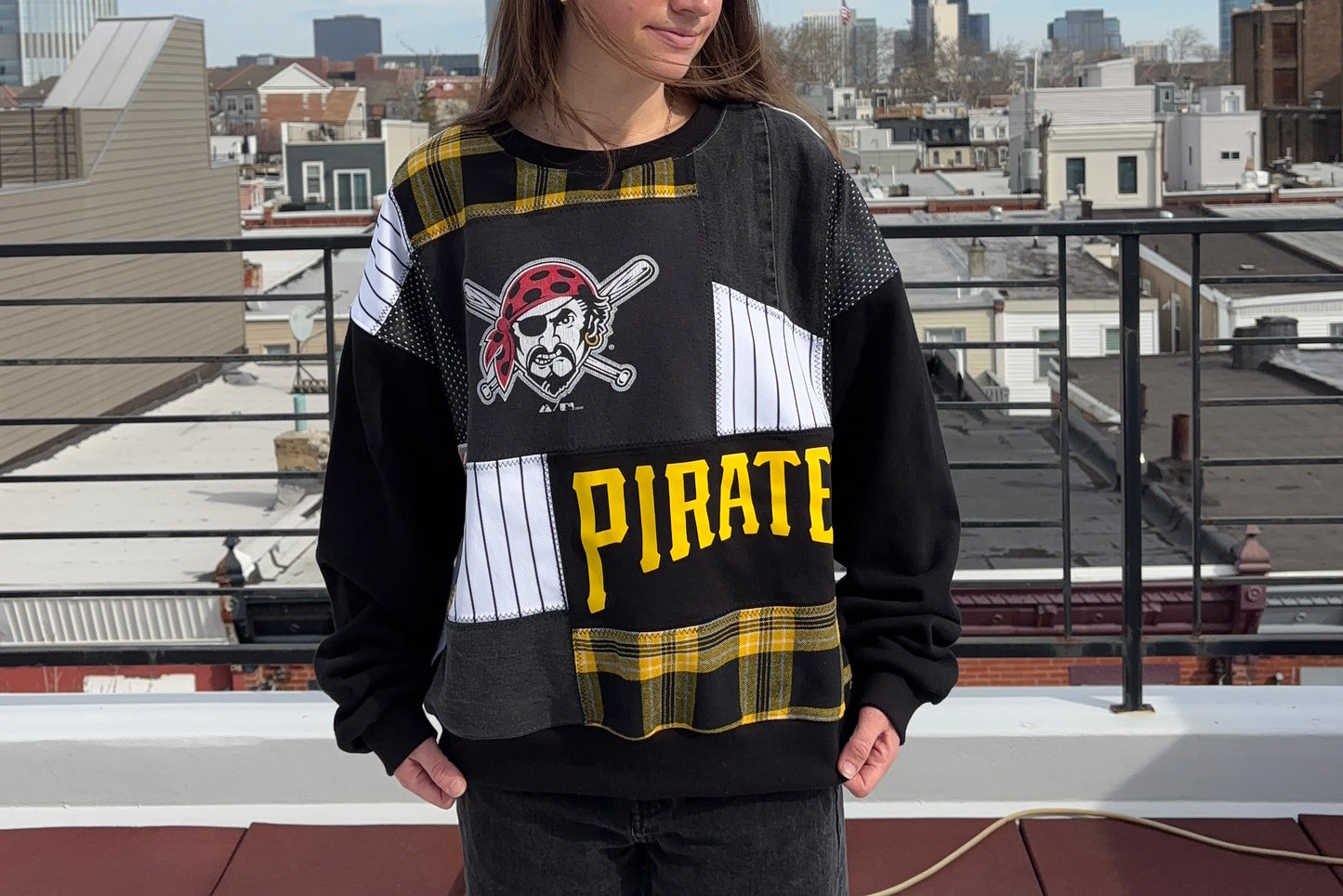 Pirates Plaid x Denim Patchwork Crew Neck