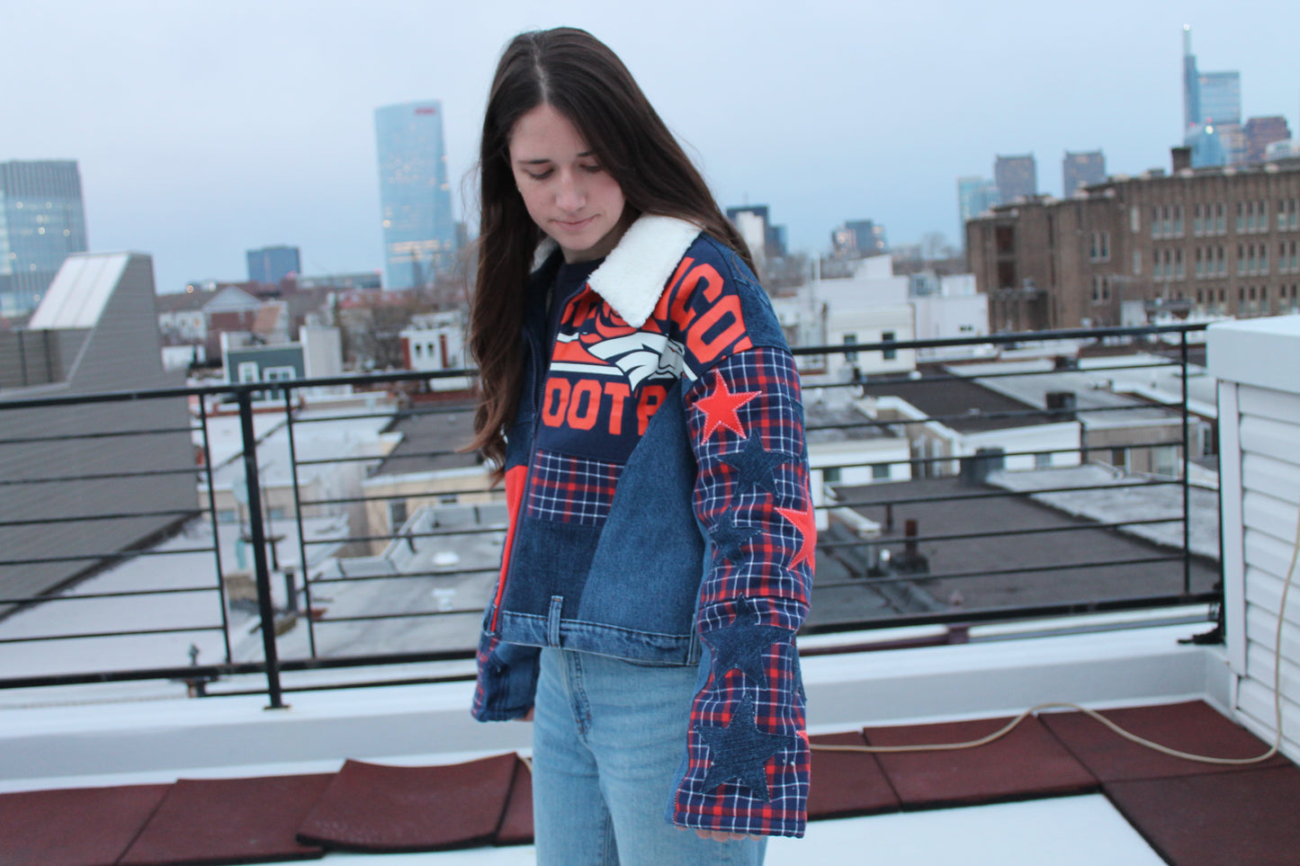Broncos Sherpa Lined Patchwork Denim Jacket