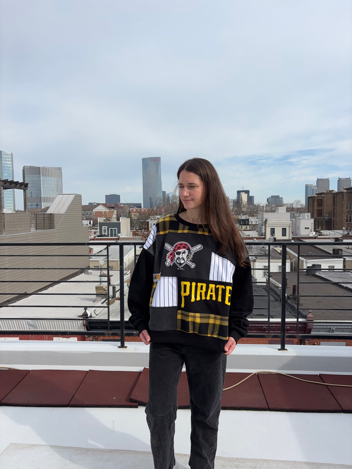 Pirates Plaid x Denim Patchwork Crew Neck
