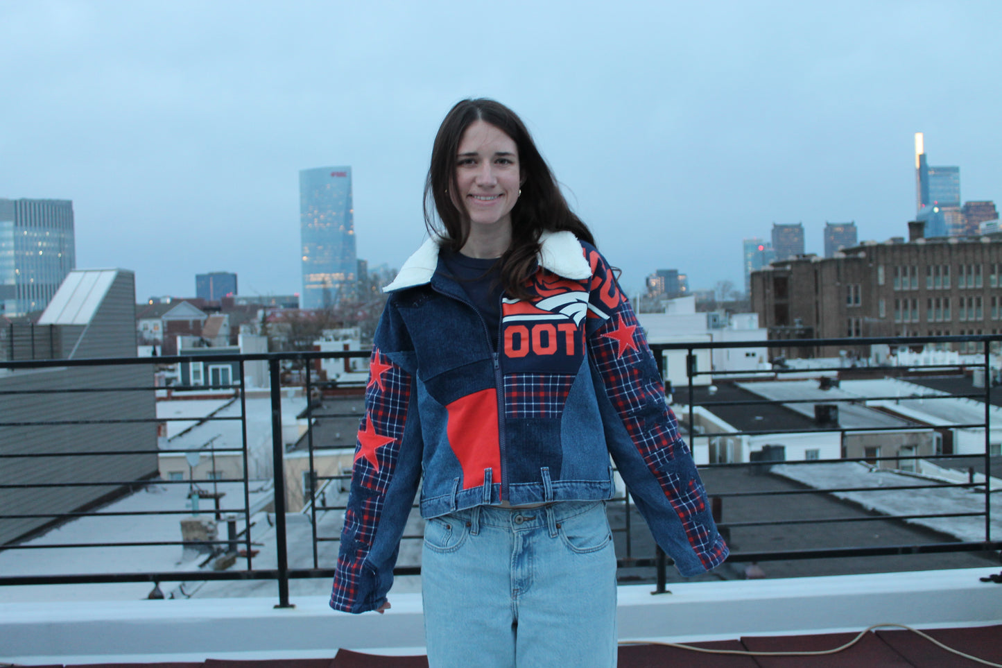 Broncos Sherpa Lined Patchwork Denim Jacket