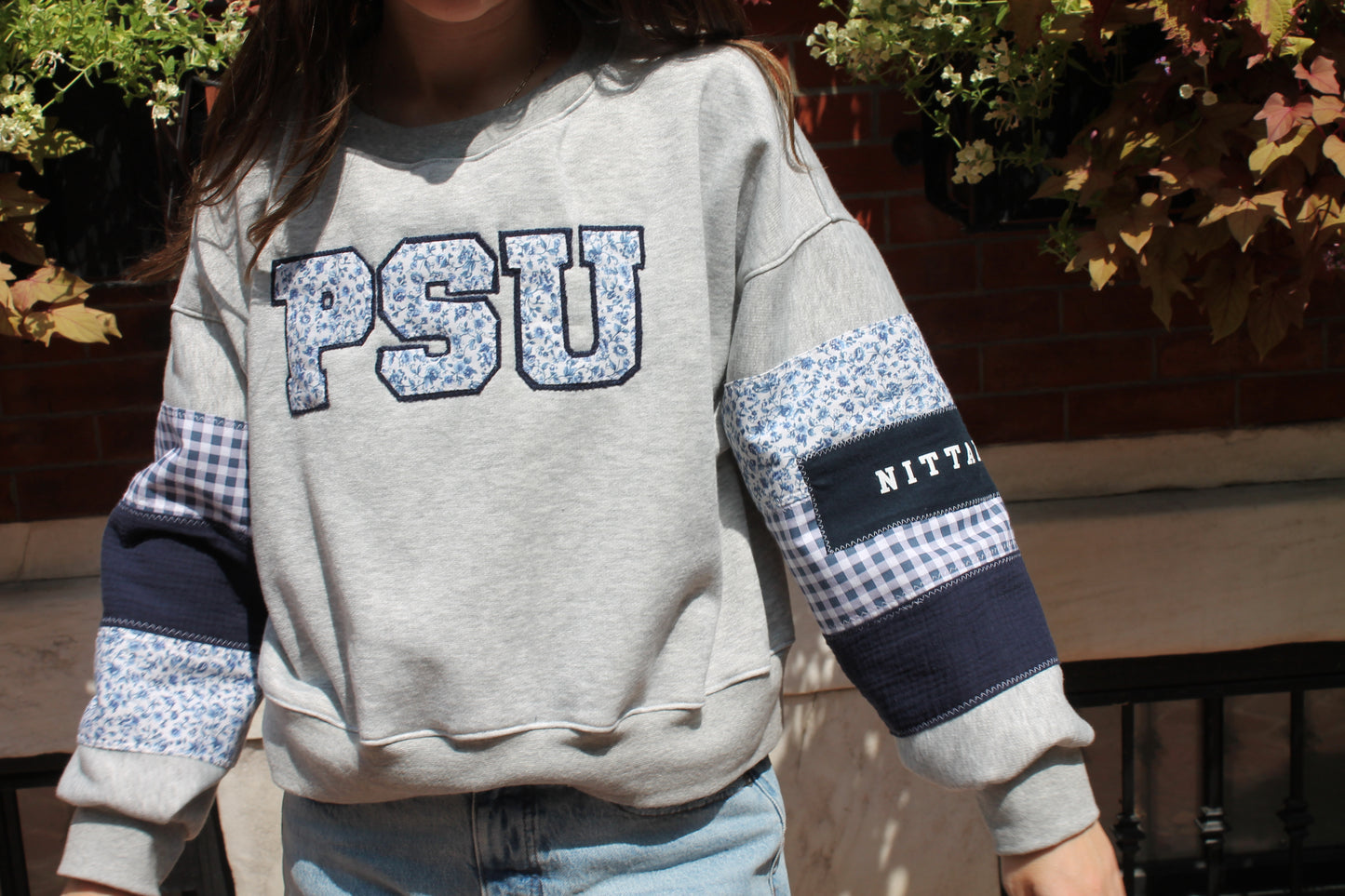 PSU Gingham & Floral Patchwork Crew Neck