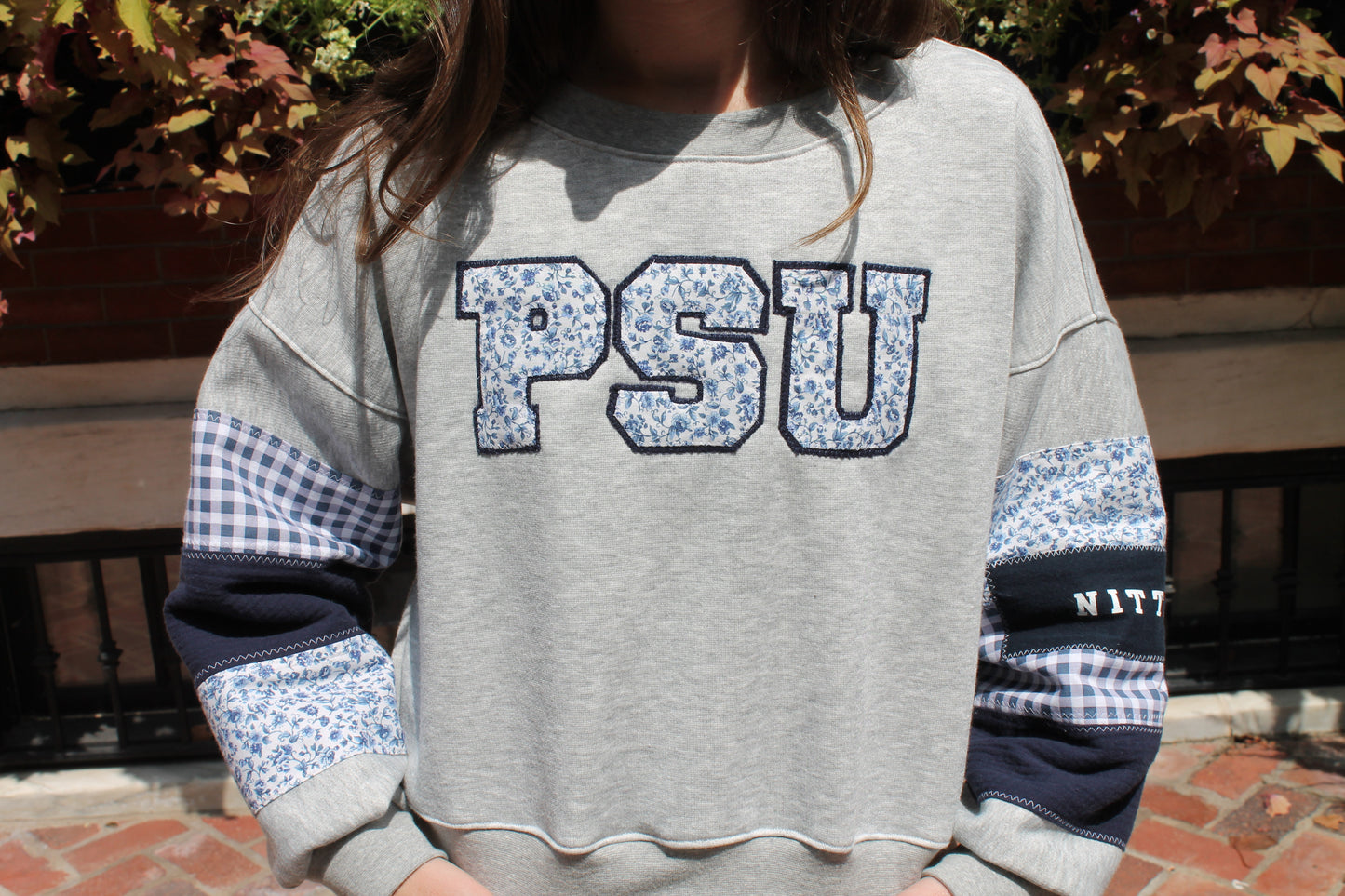 PSU Gingham & Floral Patchwork Crew Neck