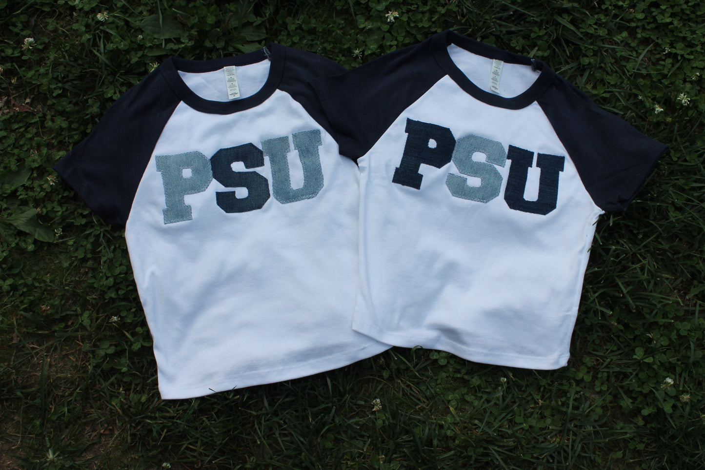 Light Wash PSU Raglan Baby Tee with Denim Applique