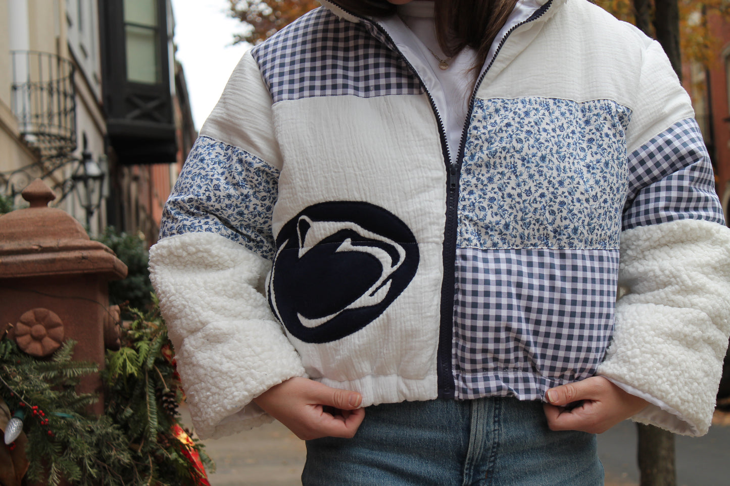 Bespoke Penn State Sherpa Patchwork Handcrafted Puffer Jacket
