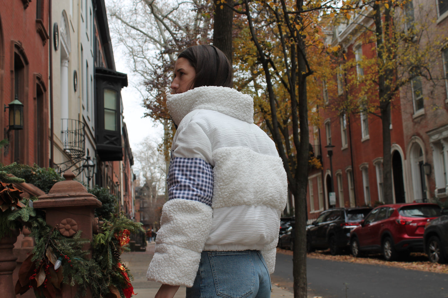 Bespoke Penn State Sherpa Patchwork Handcrafted Puffer Jacket