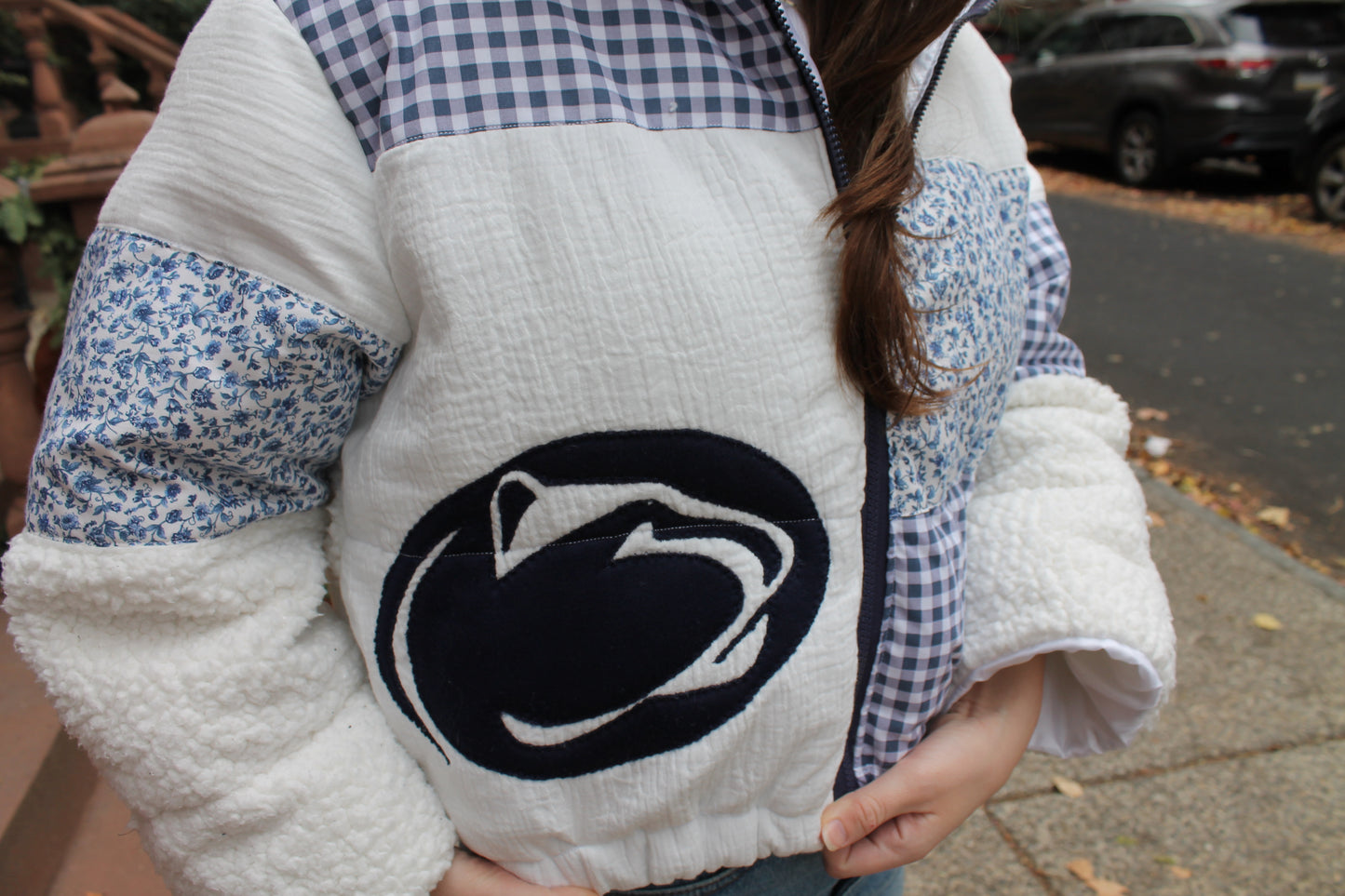 Bespoke Penn State Sherpa Patchwork Handcrafted Puffer Jacket