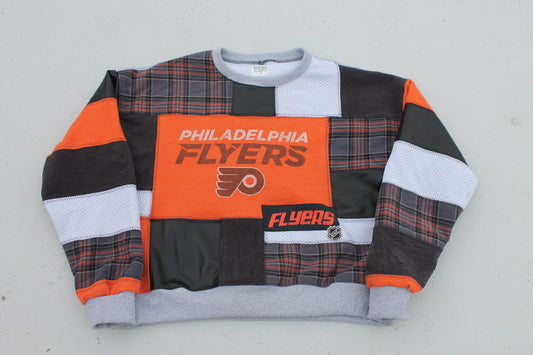 Flyers vegan leather x plaid patchwork crew neck