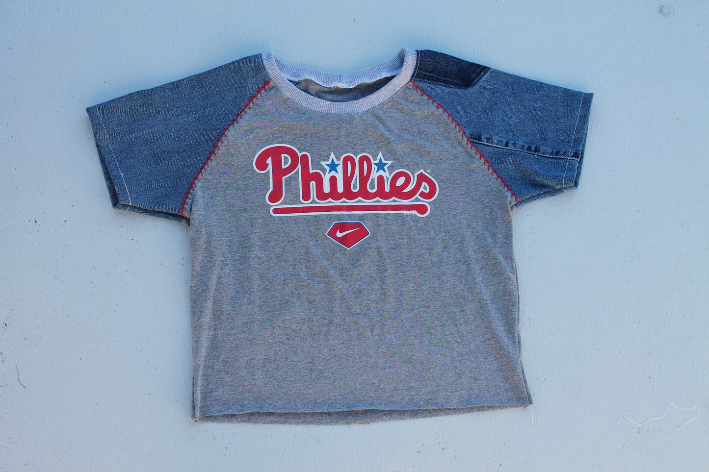 Phillies Denim Sleeve Raglan Baby Tee