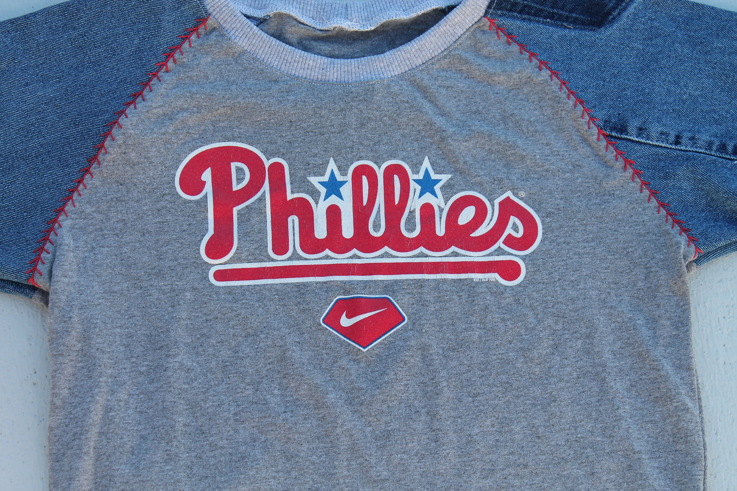 Phillies Denim Sleeve Raglan Baby Tee