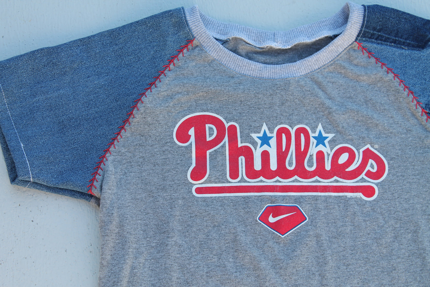 Phillies Denim Sleeve Raglan Baby Tee