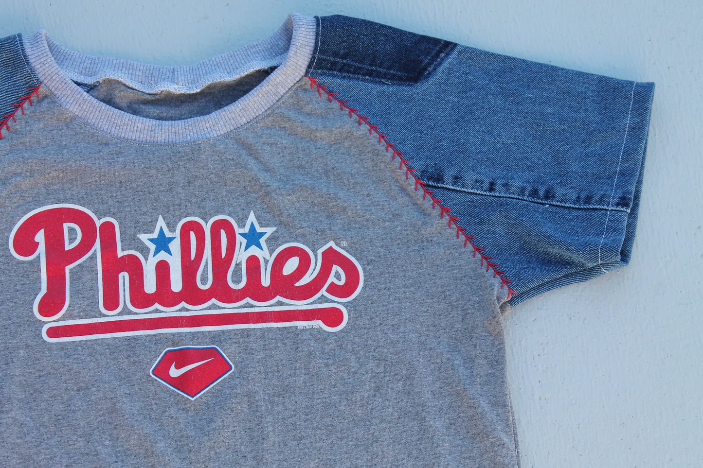 Phillies Denim Sleeve Raglan Baby Tee