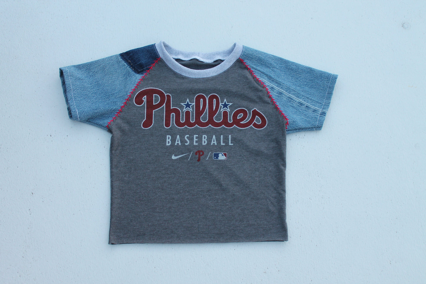 Phillies Dark Gray Raglan Denim Baseball Baby Tee