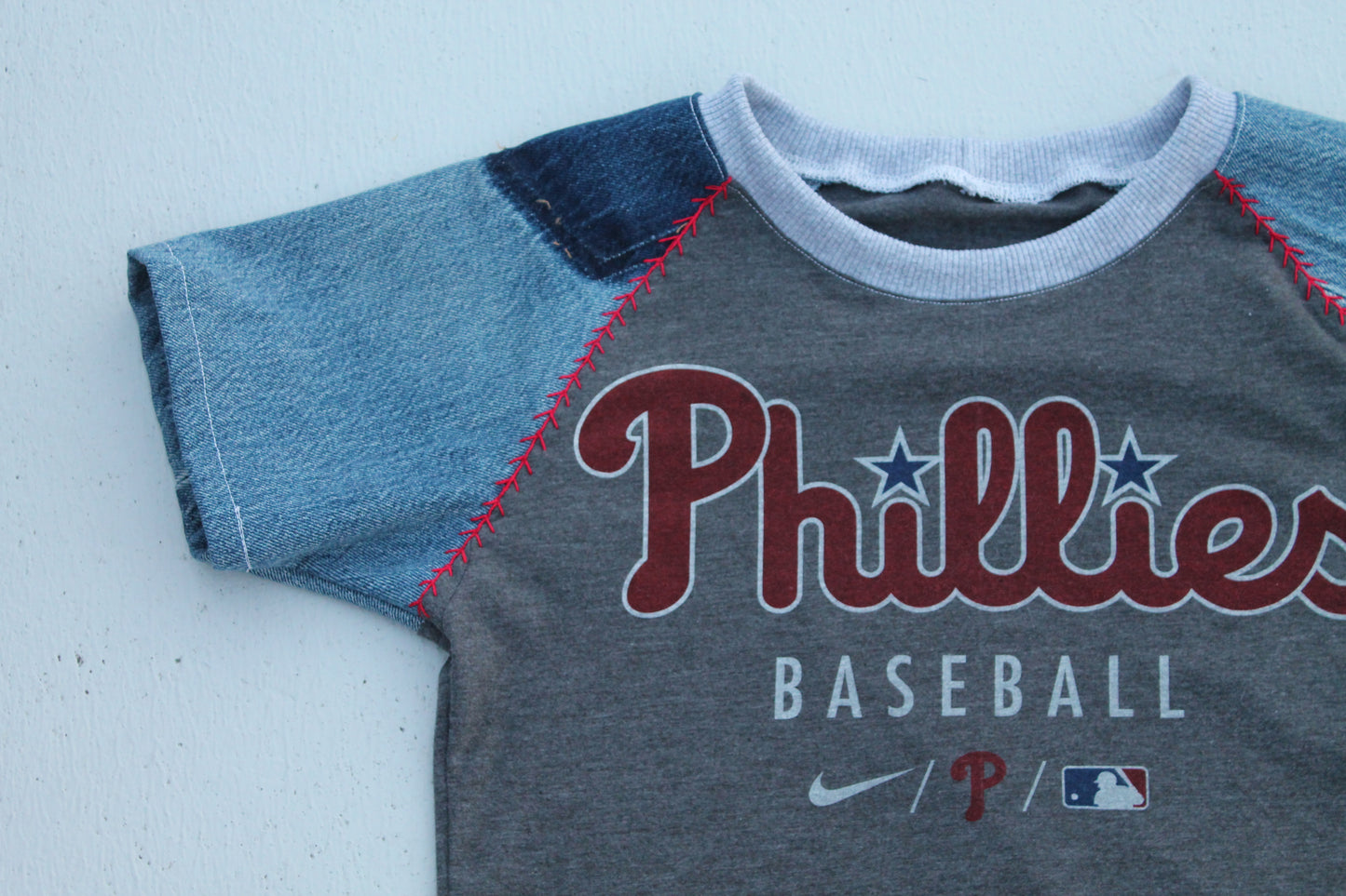 Phillies Dark Gray Raglan Denim Baseball Baby Tee