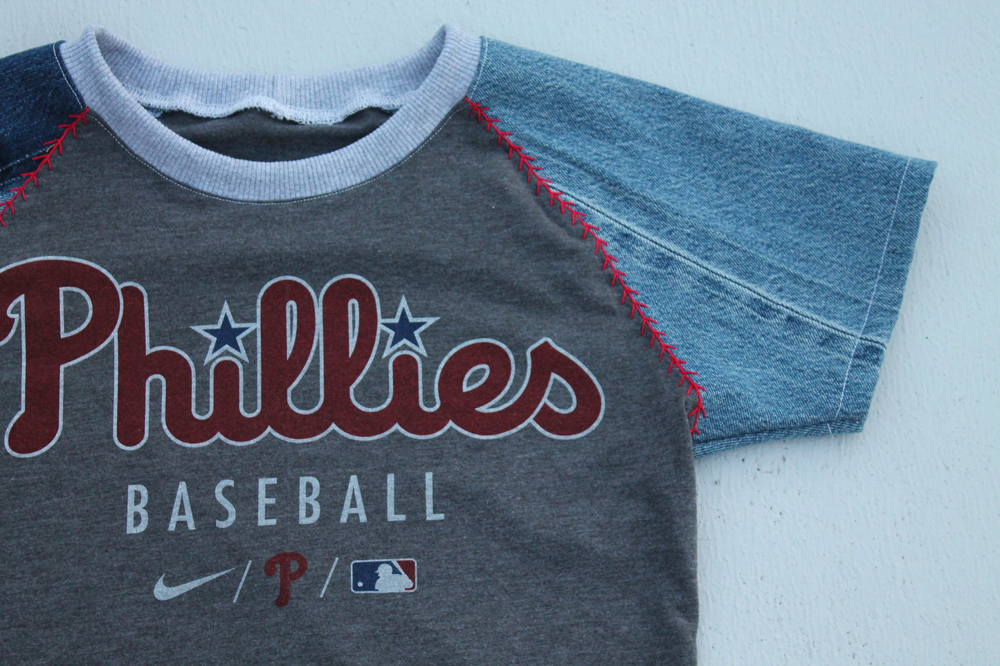 Phillies Dark Gray Raglan Denim Baseball Baby Tee