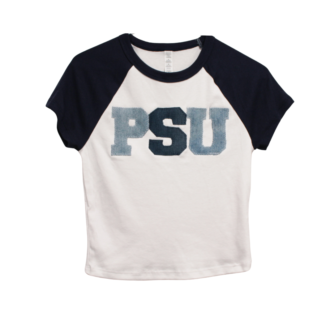 Light Wash PSU Raglan Baby Tee with Denim Applique